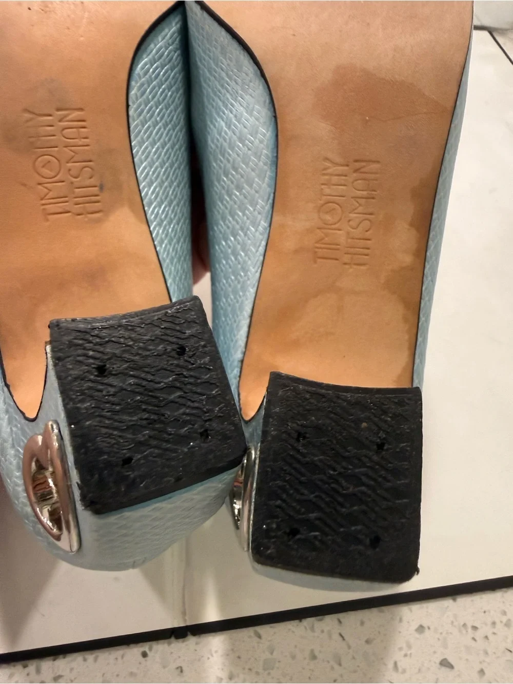 Timothy Hitsman VTG Textured Light Blue Pump Shoe Metal Heart Block Heel 5.5-6?